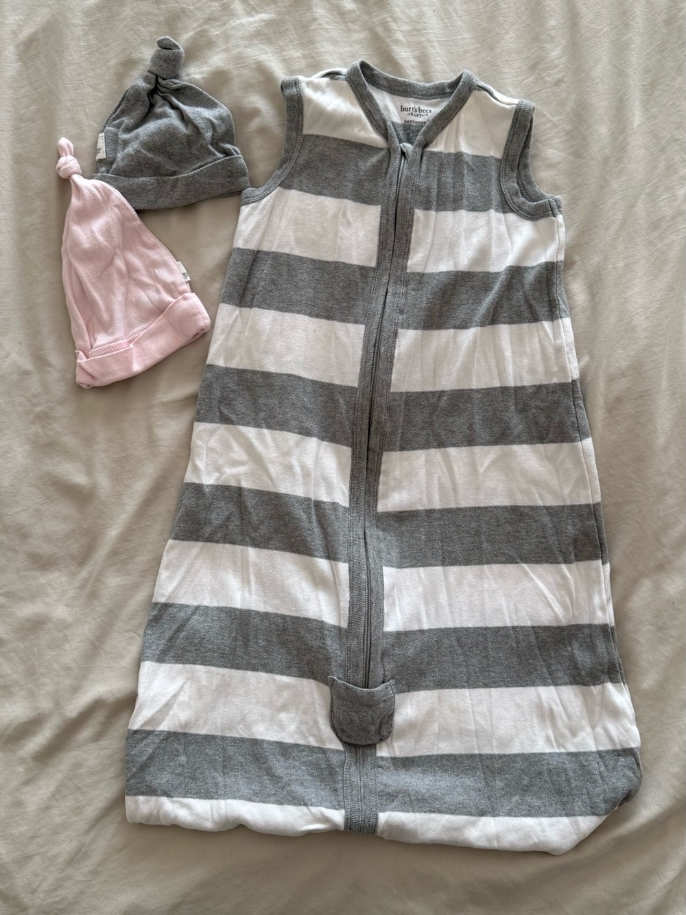 Burt's Bees Baby Beekeeper Gray & White Stripe Sleep Sack with Pink & Gray Hats